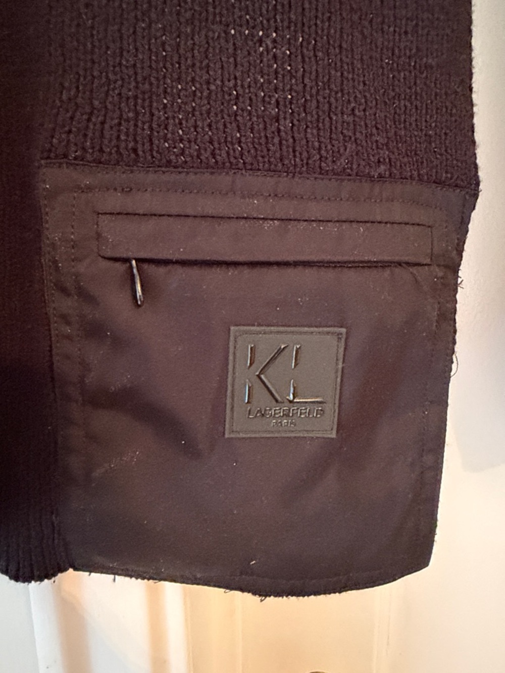 Karl Lagerfeld Black Knit scarf with Nylon zipper Patch Pocket